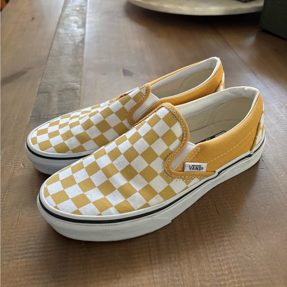 Vans Kids Yellow and White Checkered Slip-On Sneakers